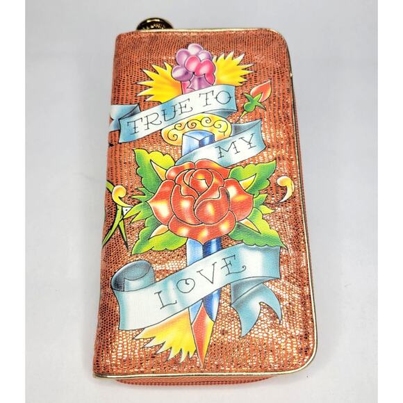 Ed Hardy True To My Love “Free To Love” Zip Around Wallet Vintage Y2K 2000's - Picture 1 of 9